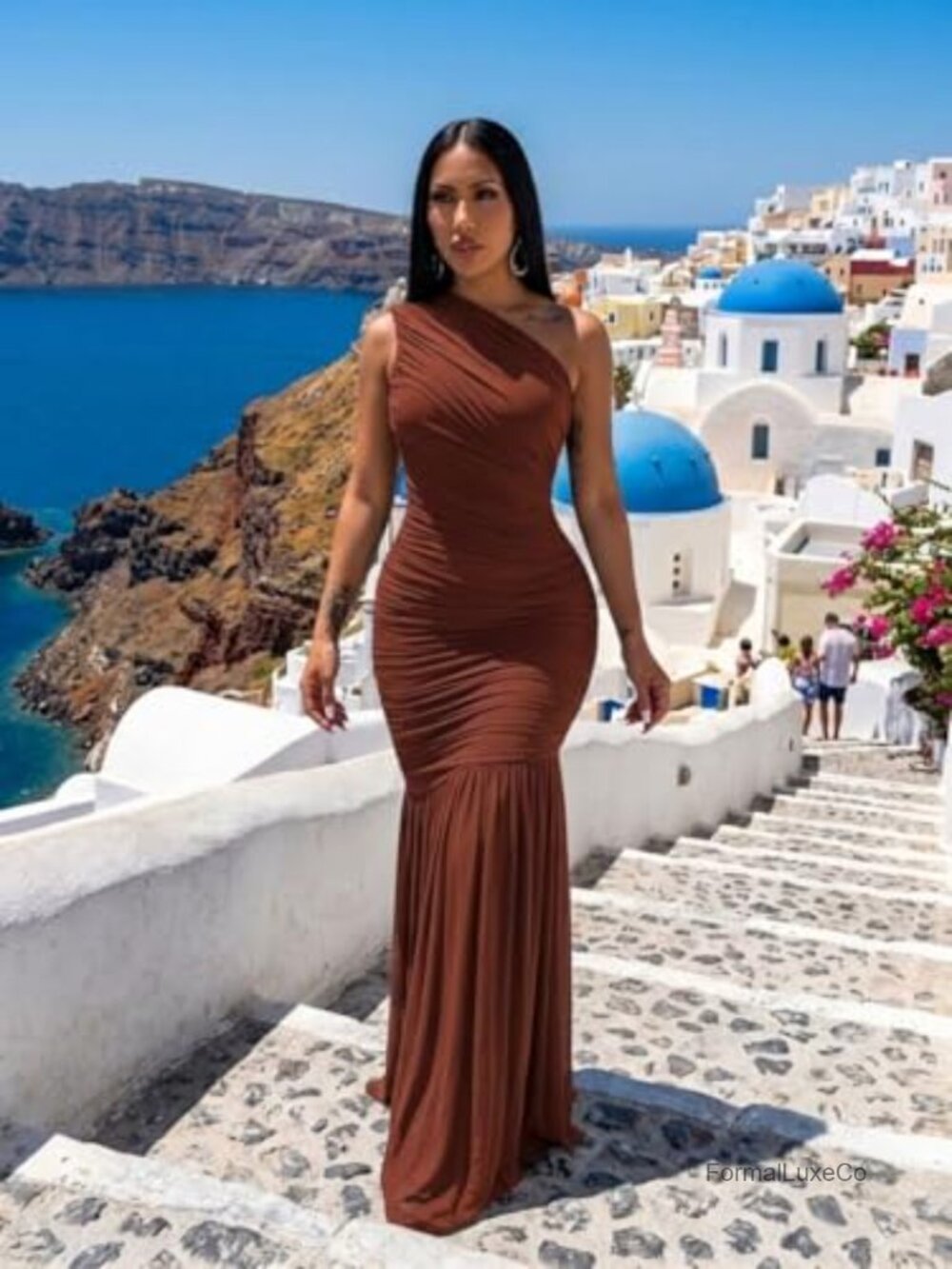 One Shoulder Bodycon Ruched Long Formal Dress - Picture 5 of 6
